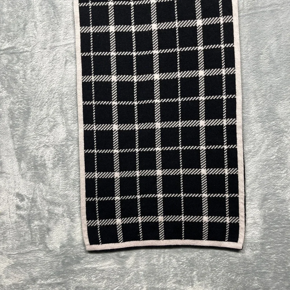 Coach‎ Scarf Black Ivory Reversible Plaid Wool Cotton Knit Leather Logo